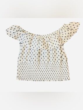 Francesca's Collections Cream Off-Shoulder Smocked Crop Top with Navy Motif